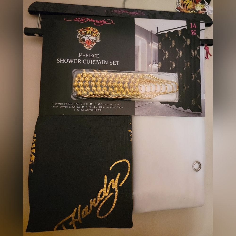 Ed Hardy Gold and Black Shower Curtain Set New With Tags Black gold